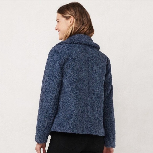 LAUREN CONRAD Women’s Dark Slate Blue Pink Long Sleeve Shaggy Moto Jacket - Picture 12 of 12